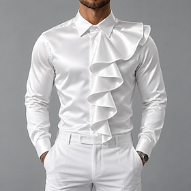 Men's Shirt Satin Shirt Dress Shirt Casual Shirt Button Up Shirt Prom Shirt Plain Party Wedding Blue White Light Blue Black Long Sleeve Lapel All Seasons Cloth
