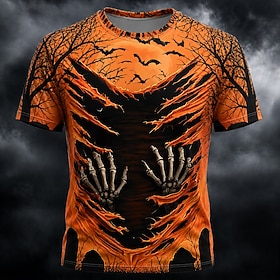 Halloween Men's Skull Bat T Shirt Short Sleeve T shirt 3D Print Crew Neck Shirt Exaggerated Designer Horror Club Party Street Red Purple Orange Summer Spring A