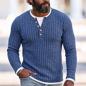 Men's T Shirt Fleece Shirt Bottoming Shirt Ribbed Knit tee Long Sleeve V Neck Round Neck Henley Layered Fake two piece Warm Fall  Winter Spring Fall Solid Colo