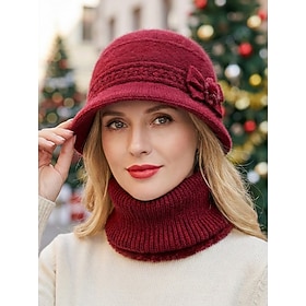 Women's Fleece-Lined Knit Hat and Neck Warmer Set, Warm Winter Polyester Cap Scarf Combo, Soft Cozy Matching Cold Weather Accessories for Christmas, Travel and