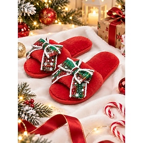Pantuflas navideñas rojas de mujer con punta abierta, pantuflas suaves y esponjosas de piel sintética con lazo de cuadros y copos de nieve para el dormitorio y