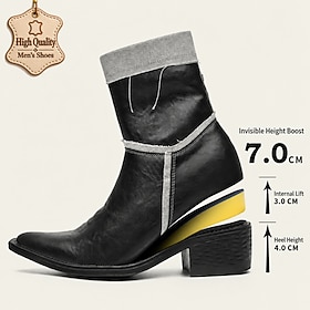 Men's Black Ankle Boots with Hidden 7 cm Height Increase, Side-Zip Closure, Contrast Stitching and Block Heel, Modern Vintage Style for Business Casual, Partie