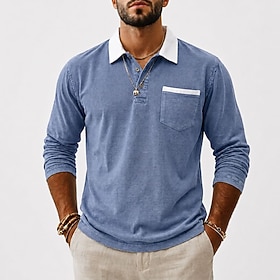 SoftFade™ Men's 100% Cotton Acid Wash Polo Casual Vacation Turndown Long Sleeve Fashion Leisure Color Block Buttons Fall Winter Regular Navy Blue Purple Green