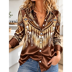 Women's Shirt Buttons Print Geometric Color Block Elegant Vintage Daily Long Sleeve Shirt Collar Regular Tops Casual Daily Work White Sage Green Yellow Green S