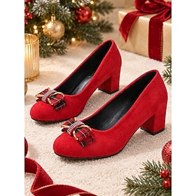 Women's Red Christmas Block Heel Pumps – Elegant Dress Shoes with Tartan Plaid Bow  Rhinestone, Vintage Inspired Holiday Heels for Christmas Parties, Weddings,