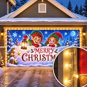 Christmas Garage Door Cover With LED String Lights, 3D Merry Christmas Elf Print Garage Door Banner, Colorful Holiday Snow Scene Backdrop for Outdoor Christmas