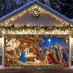 Christmas Garage Door Cover, Nativity Manger Scene with Baby Jesus and Holy Family, Festive Christmas Garage Door Banner for Outdoor Home and Holiday Decoratio