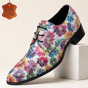 Men's Genuine Leather Floral Print Dress Shoes Lace Up Formal Shoes Colorful Vintage Fashion Style Statement Footwear for Wedding Party Christmas Holiday Conce