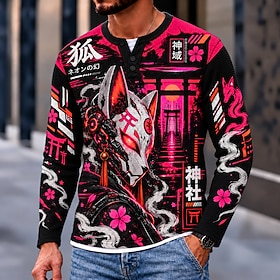 Men's Fox Chinese character Waffle Henley Shirt Casual Style Classic Style Long Sleeve Fashion Designer Casual Casual Daily Outdoor Spring   Fall Pink Henley H