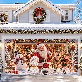 Christmas Garage Door Cover, 3D Optical Illusion Santa Claus Snowman Reindeer Elf Christmas Characters Scene, Festive Outdoor Garage Door Decorations, Holiday