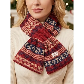 Women's Vintage Fair Isle Knit Cross Scarf, Soft Polyester Winter Jacquard Neck Warmer in Multiple Colors, Cozy Pull-Through Christmas Scarf for Daily Wear, Tr