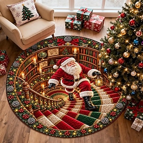 3D Optical Illusion Christmas Doormat Area Rug, Santa Claus 3D Floor Mat, Round Christmas Tree Holiday Rug, Indoor Entryway Living Room Decoration