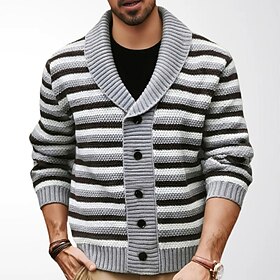 Men's Sweater Cardigan Sweater Ribbed Knit Regular Tops Button Up Knitted Horizontal Stripes Shawl Collar Neutral Fashion Casual Daily Wear Clothing Apparel Fa
