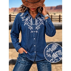 Women's Denim Blouse Ruched Embroidered Print Floral Elegant Bohemia Vacation Long Sleeve Shirt Collar Long Tops Casual Daily Going out Blue Sky Blue Spring Fa