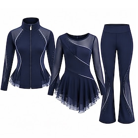 Figure Skating Dress with Jacket and Pants Women's Ice Skating Outfits Navy Patchwork Asymmetric Hem Stretchy Training Competition Skating Wear Classic Crystal