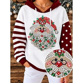Christmas Women's Pullover Hoodie Sweatshirt Rhinestone Graphic Tribal Streetwear Casual Long Sleeve Hooded Regular Tops Casual Party Evening Wear Street White