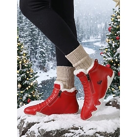 Women's Red Christmas Winter Ankle Boots – Casual Microbial Leather Lace-Up Boots with Double Side Zippers and Plush Cuffs for Holiday Outings, Cold-Weather Wa