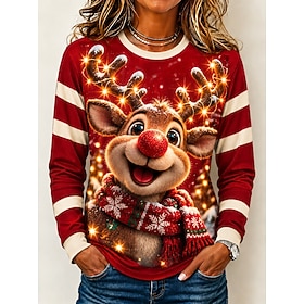 Christmas Women's T Shirt Print Graphic Santa Claus Christmas Vintage Fashion Stylish Long Sleeve Crew Neck Round Neck Regular Tops Casual Daily Light Beige Bl