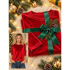 Women's Christmas Gifts T Shirt Velvet Tee Plain Daily Basic Vintage 3/4 Length Sleeve Crew Neck Regular Tops Casual Party Outfits Blue Watermelon Red Red Purp