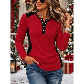 Christmas Women's Waffle Polo Shirts Solid Color Bohemia Active Vacation Long Sleeve High Neck Regular Tops Casual Daily Holiday Blue White Yellow Red Summer S