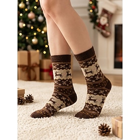 Women's Christmas Crew Socks, Cozy Knit Winter Socks with Reindeer and Fair Isle Nordic Patterns, Colorful Warm Holiday Socks for Women, Casual Wear Christmas