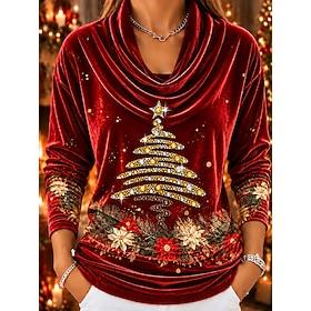 Christmas Women's Sequins Rhinestone Velvet Elegant Tunic Tee Print Ombre Graphic Santa Claus Vintage Fashion Long Sleeve Turtleneck High Neck Regular Tops Cas