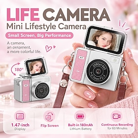 Mini Digital Camera with 180 Degree Flip Screen, 1.47 Inch Display, Pocket Size Lightweight Camera, Photo and Video Recording, Built-In Filters, Rechargeable P