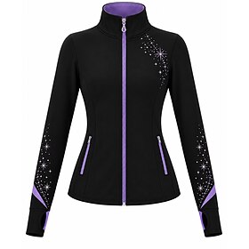 Figure Skating Fleece Jacket Women's Ice Skating Jacket Top Black Patchwork Stretchy Training Competition Skating Wear Crystal / Rhinestone Long Sleeve Ice Ska