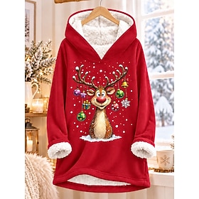Women's Pullover Hoodie Sweatshirt Print Graphic Animal Christmas Warm Fashion Modern Long Sleeve Hooded Long Tops Casual Street Holiday Blue Black Pink Red Fa