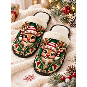 Women's Reindeer Christmas Tree Slippers – Cute Festive Print Plush Lined House Slippers with Cozy Faux Fur Trim, Warm Indoor Slippers for Winter Home, Holida