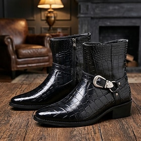 Men's Black Crocodile Embossed Western Ankle Boots with Metal Buckle, Pointed Toe Cowboy Style Dress Boots for Parties and Evening Events