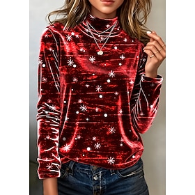 Christmas Women's Velvet Elegant Tunic Tee Print Graphic Polka Dot Snowflake Elegant Vintage Fashion Long Sleeve Turtleneck Regular Tops Daily Going out Weeken