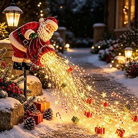 Christmas Santa Sleigh Cascade Lights, Outdoor Holiday Yard Decoration with Warm White LED String Lights, Weather Resistant Garden Lawn Pathway Decor, Easy Set