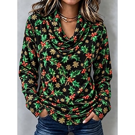 Christmas Women's Tee Print Tiered Graphic Christmas Elegant Vintage Fashion Long Sleeve Cowl Neck Regular Tops Casual Daily Going out White Black Navy Blue Gr