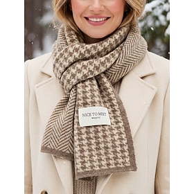 Women's Houndstooth Knit Long Scarf, Polyester Black Khaki Classic Winter Neck Scarf, Soft Vintage Plaid Wrap for Office, Commuting, Travel, Casual Outings and