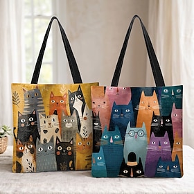 Women's Cat Print Tote Bag Flocked Polyester Large Capacity Shopping Shoulder Bag, Cute Multi-Pattern Casual Handbag for Travel, Work, Weekend, Grocery Shoppin
