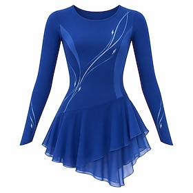 Figure Skating Dress Women's Ice Skating Dress Royal Blue Patchwork Asymmetric Hem Stretchy Training Competition Skating Wear Classic Long Sleeve Ice Skating F
