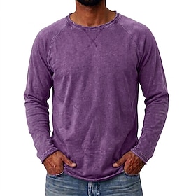 SoftFade Men's T Shirt 100% Cotton Acid Wash Shirt Long Sleeve Crew Neck Stand Collar Henley Vintage Style Faded Raw Edge Summer Spring All Seasons Solid Color