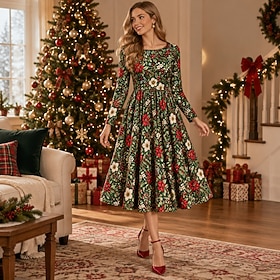 Christmas 1950s Retro Vintage Midi Flare Dress Long Sleeves Floral Fit  Flare Round Neck Fancy Dress Women's Christmas New Year Party Casual Daily Adults' Dres
