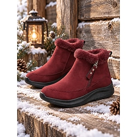 Women's Burgundy Faux Fur Lined Winter Ankle Boots – Warm Snow Booties with Side Zipper, Comfortable Flat Heel Casual Boots for Christmas, Outdoor Walking, Tra