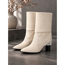 Women's Beige Lace Mid-Calf Boots with Floral Embroidery, Fold-Over Cuff Chunky Heel, Elegant Vintage-Inspired Pointed Toe Dress Boots for Weddings, Bridal Ou