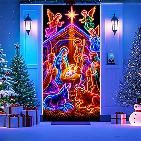 Blacklight Christmas Door Cover, Nativity Scene 3D Optical Illusion UV Reactive Front Door Banner, Holy Family Manger Scene Outdoor Entryway Porch Holiday Deco