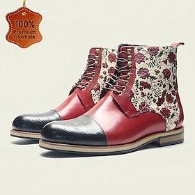 Men's Genuine Leather Red Floral Chelsea Boots Vintage Embroidered Ankle Boots Lace Up Dress Boots Fashion Western Style Shoes for Christmas Party Wedding Conc