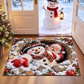 3D Optical Illusion Christmas Doormat Area Rug, 3D Snowman Couple Floor Mat, Christmas Snowmen Holiday Area Rugs, Indoor Outdoor Entryway Door Decor