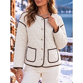 Women's Winter Jacket Puffer Jacket Comfortable Breathable Patchwork Buttons Casual Color Block Casual Vacation Street Daily Wear Single Breasted Regular Crewn