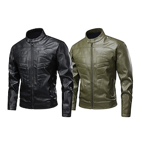 Men's Faux Leather Jacket Jacket Casual Jacket Motorcycle Jacket Casual Outdoor Windbreaker Pocket Fall Winter Solid Color Punk Active Stand Collar Regular Bla
