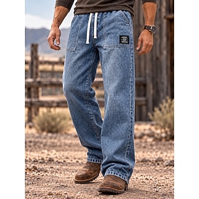 Men's Jeans Trousers Denim Pants 100% Cotton Casual Pants Drawstring Elastic Waist Straight Leg Plain Comfort Comfortable Full Length Casual Daily Outdoor Vaca