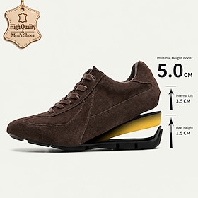 Men's Brown Suede-Look Sneakers with Hidden 5 cm Height Increase, Retro Casual Design and Lace-Up Closure for Smart Casual Outfits, Commuting, Travel and Every