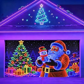 Blacklight Christmas Garage Door Cover, UV Reactive Fluorescent Santa Claus and Christmas Tree Print Garage Door Banner, Colorful Holiday Gift Backdrop for Out