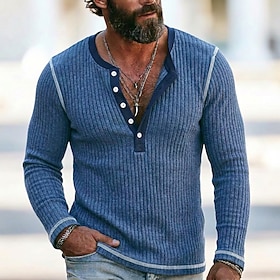 Men's T Shirt Fleece Shirt Bottoming Shirt Ribbed Knit tee Long Sleeve Henley Warm Plain Fall Winter Spring Fall Solid Color Textured Warm Traditional / Vinta
